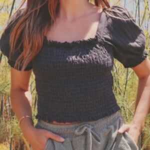 PEOPLE OF LEISURE Organic Cotton Smocked Grey Puff Sleeve Crop Top